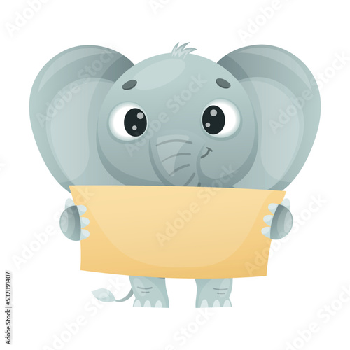 Funny Grey Elephant with Large Ear Flaps and Trunk Holding Empty Banner or Signboard Vector Illustration