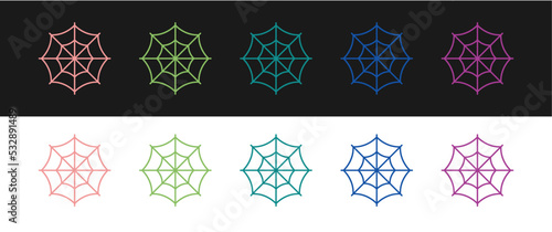 Set Spider web icon isolated on black and white background. Cobweb sign. Happy Halloween party. Vector