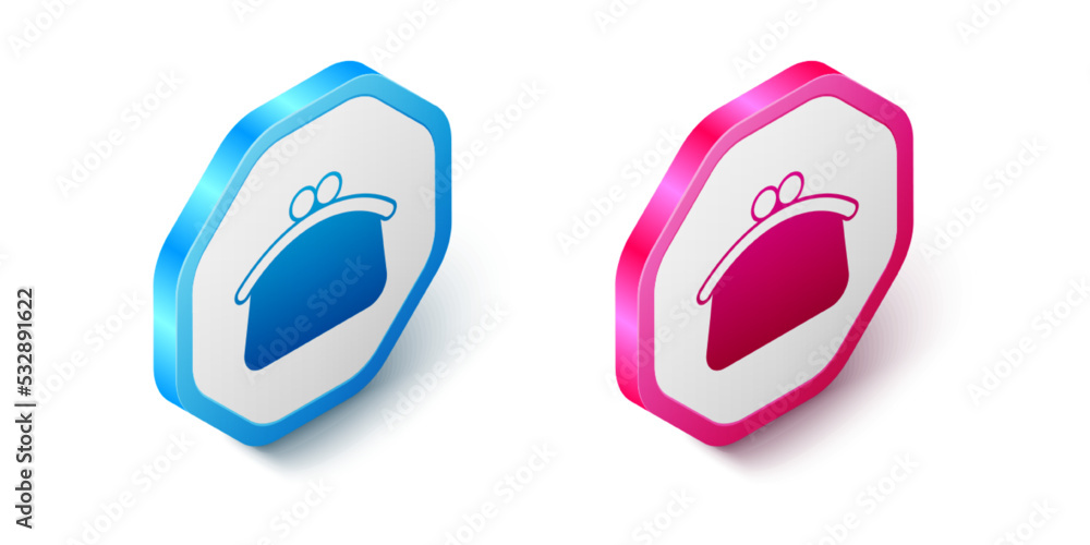 Isometric Wallet icon isolated on white background. Purse icon. Cash savings symbol. Hexagon button. Vector Isometric Wallet icon isolated on white background. Purse icon. Cash savings symbol. Hexagon button. Vector