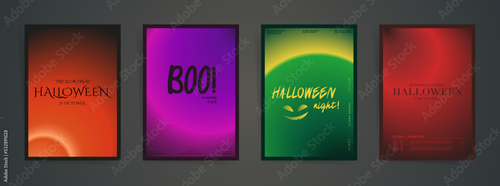 Fototapeta premium Halloween poster set. Minimal backgrounds design with dark gradient for invitation, promo banner, placard, sale brochure. Smooth blurred halloween modern templates collection.