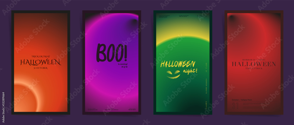 Halloween vertical stories set. Minimal backgrounds design with dark gradient for promo banners, social media posts and mobile advert backgrounds. Smooth blurred halloween modern templates collection.