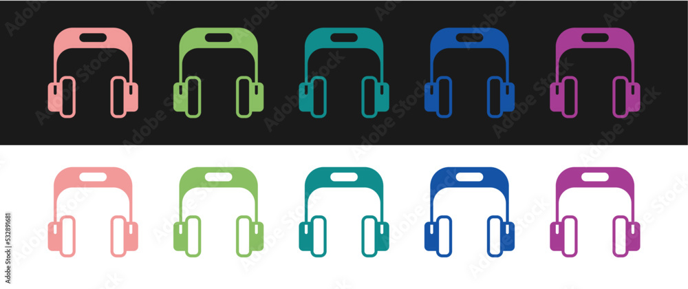 Set Headphones icon isolated on black and white background. Earphones. Concept for listening to music, service, communication and operator. Vector