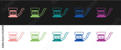 Set Marine bollard with rope tied on pier icon isolated on black and white background. Vector