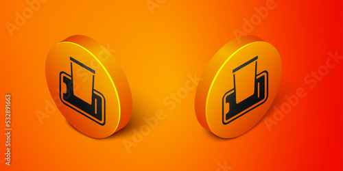 Isometric Food ordering on mobile icon isolated on orange background. Order by mobile phone. Restaurant food delivery concept. Orange circle button. Vector