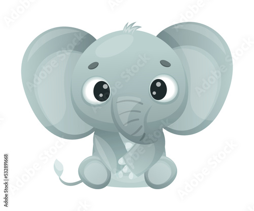 Funny Grey Elephant with Large Ear Flaps and Trunk Sitting Vector Illustration