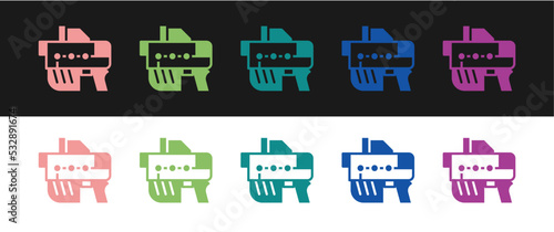 Set Futuristic space gun blaster icon isolated on black and white background. Laser Handgun. Alien Weapon. Vector