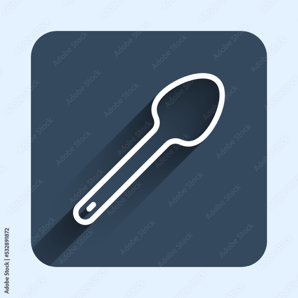 White line Teaspoon icon isolated with long shadow background. Cooking utensil. Cutlery sign. Blue square button. Vector White line Teaspoon icon isolated with long shadow background. Cooking utensil. Cutlery sign. Blue square button. Vector