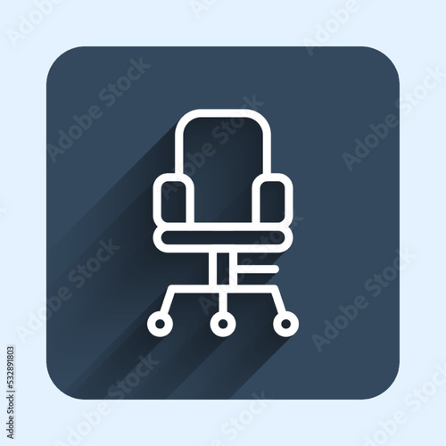 White line Office chair icon isolated with long shadow background. Blue square button. Vector