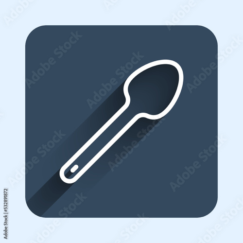 White line Teaspoon icon isolated with long shadow background. Cooking utensil. Cutlery sign. Blue square button. Vector © Iryna