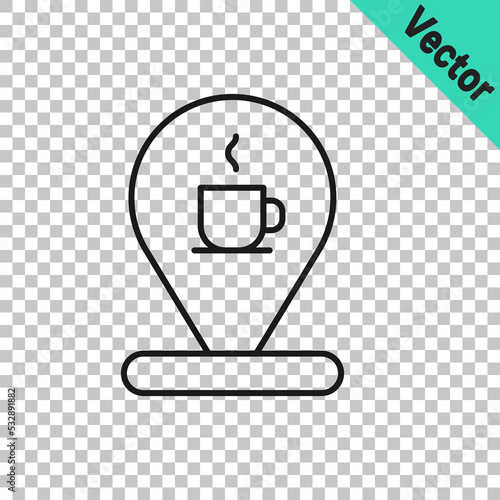 Black line Location with coffee cup icon isolated on transparent background. Vector