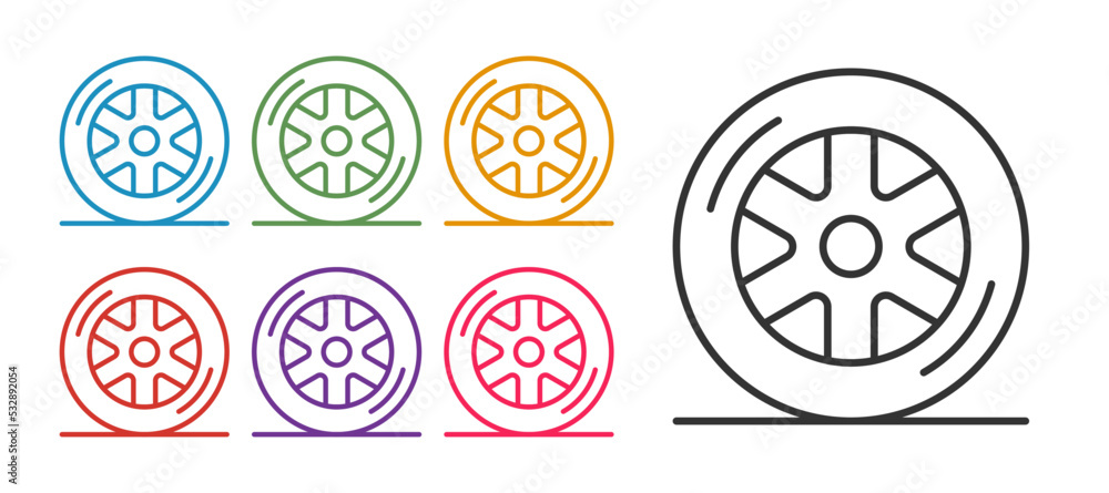 Set line Car wheel icon isolated on white background. Set icons colorful. Vector Set line Car wheel icon isolated on white background. Set icons colorful. Vector
