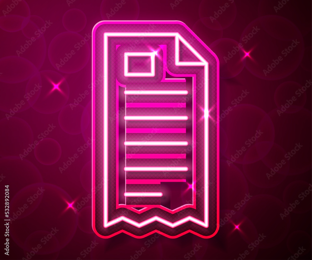 Glowing neon line Paper check and financial check icon isolated on red background. Paper print check, shop receipt or bill. Vector Glowing neon line Paper check and financial check icon isolated on red background. Paper print check, shop receipt or bill. Vector
