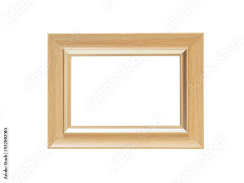 Beige wooden frame on white background, isolated rectangular frame for art, text and decorative.