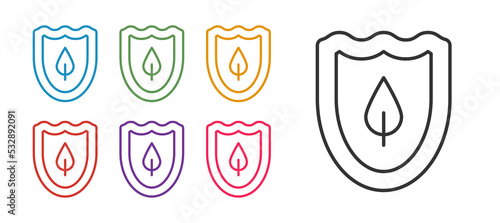 Set line Shield with leaf icon isolated on white background. Eco-friendly security shield with leaf. Set icons colorful. Vector