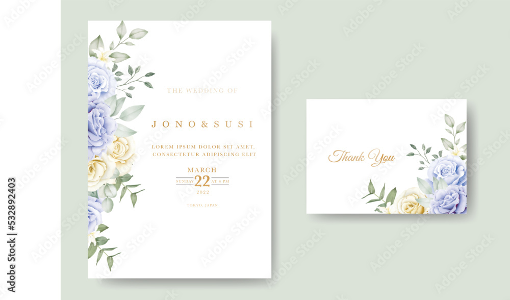 Watercolor floral and leaves wedding invitation card 