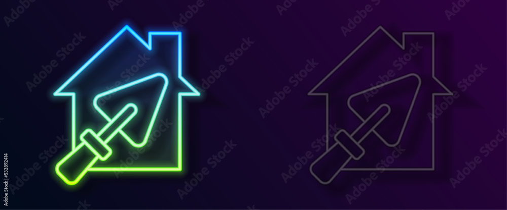 Glowing neon line House or home with trowel icon isolated on black background. Adjusting, service, setting, maintenance, repair, fixing. Vector