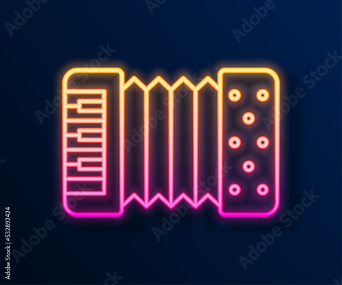 Glowing neon line Musical instrument accordion icon isolated on black background. Classical bayan, harmonic. Vector