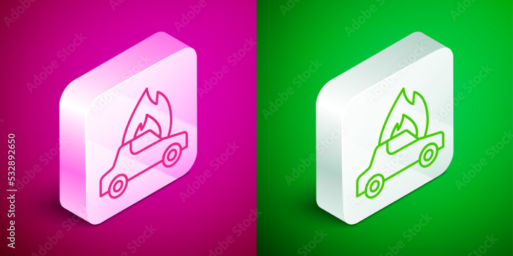 Isometric line Burning car icon isolated on pink and green background. Car on fire. Broken auto covered with fire and smoke. Silver square button. Vector Isometric line Burning car icon isolated on pink and green background. Car on fire. Broken auto covered with fire and smoke. Silver square button. Vector