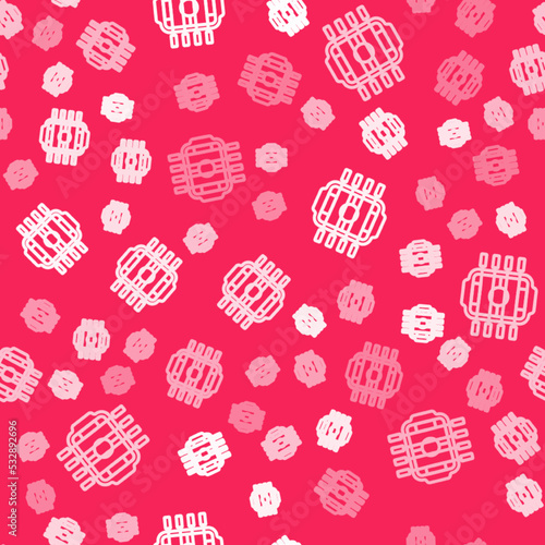 White line Table football game hobby or leisure icon isolated seamless pattern on red background. Sport team football players. Vector