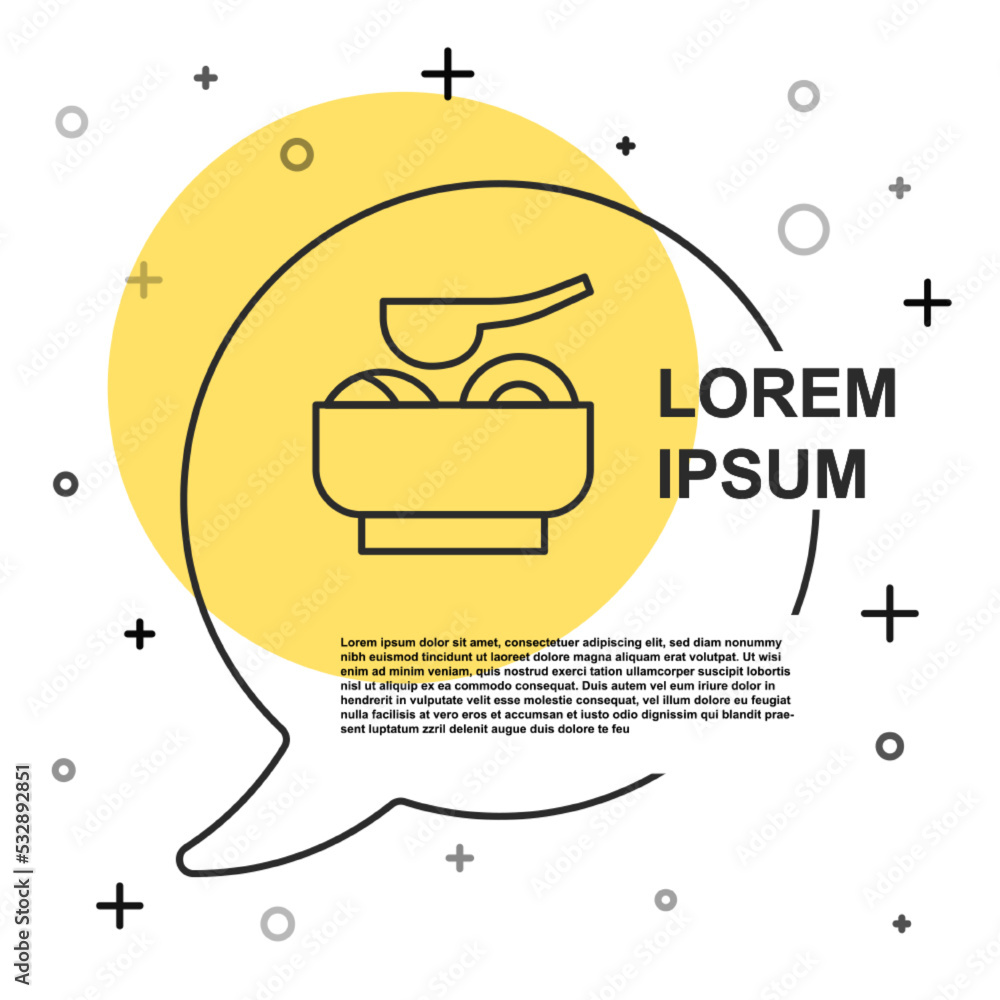 Black line Ramen soup bowl with noodles icon isolated on white background. Bowl of traditional asian noodle soup. Random dynamic shapes. Vector Black line Ramen soup bowl with noodles icon isolated on white background. Bowl of traditional asian noodle soup. Random dynamic shapes. Vector