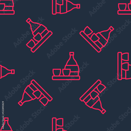 Red line Bottle of sake, small cup of sake icon isolated seamless pattern on black background. Vector