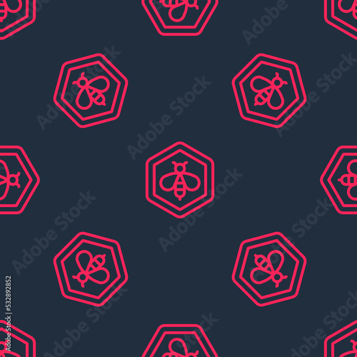 Red line Bee and honeycomb icon isolated seamless pattern on black background. Honey cells. Honeybee or apis with wings symbol. Flying insect. Sweet natural food. Vector