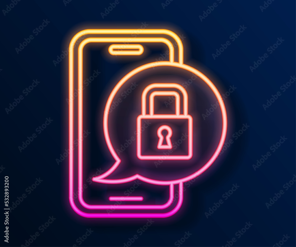 Glowing neon line Smartphone with closed padlock icon isolated on black background. Phone with lock. Mobile security, safety, protection concept. Vector Glowing neon line Smartphone with closed padlock icon isolated on black background. Phone with lock. Mobile security, safety, protection concept. Vector