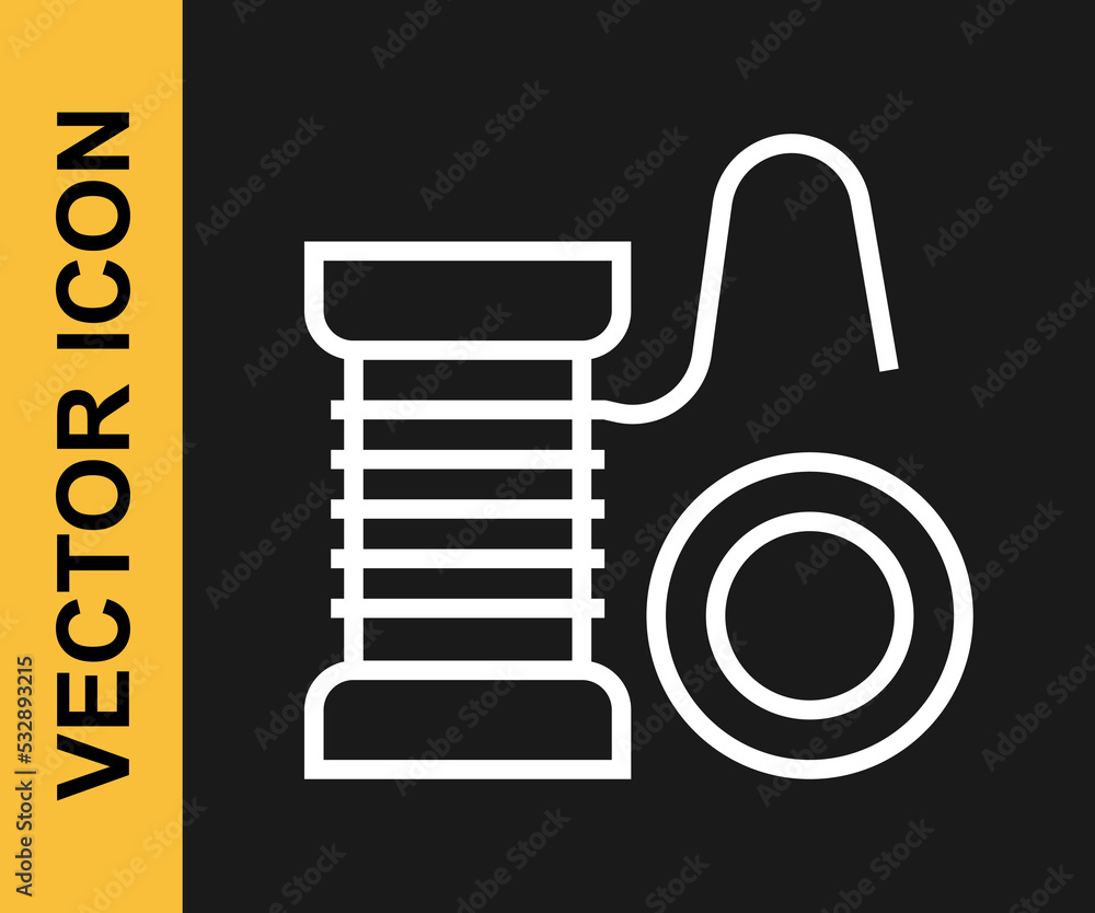 White line Spinning reel for fishing icon isolated on black background. Fishing coil. Fishing tackle. Vector White line Spinning reel for fishing icon isolated on black background. Fishing coil. Fishing tackle. Vector