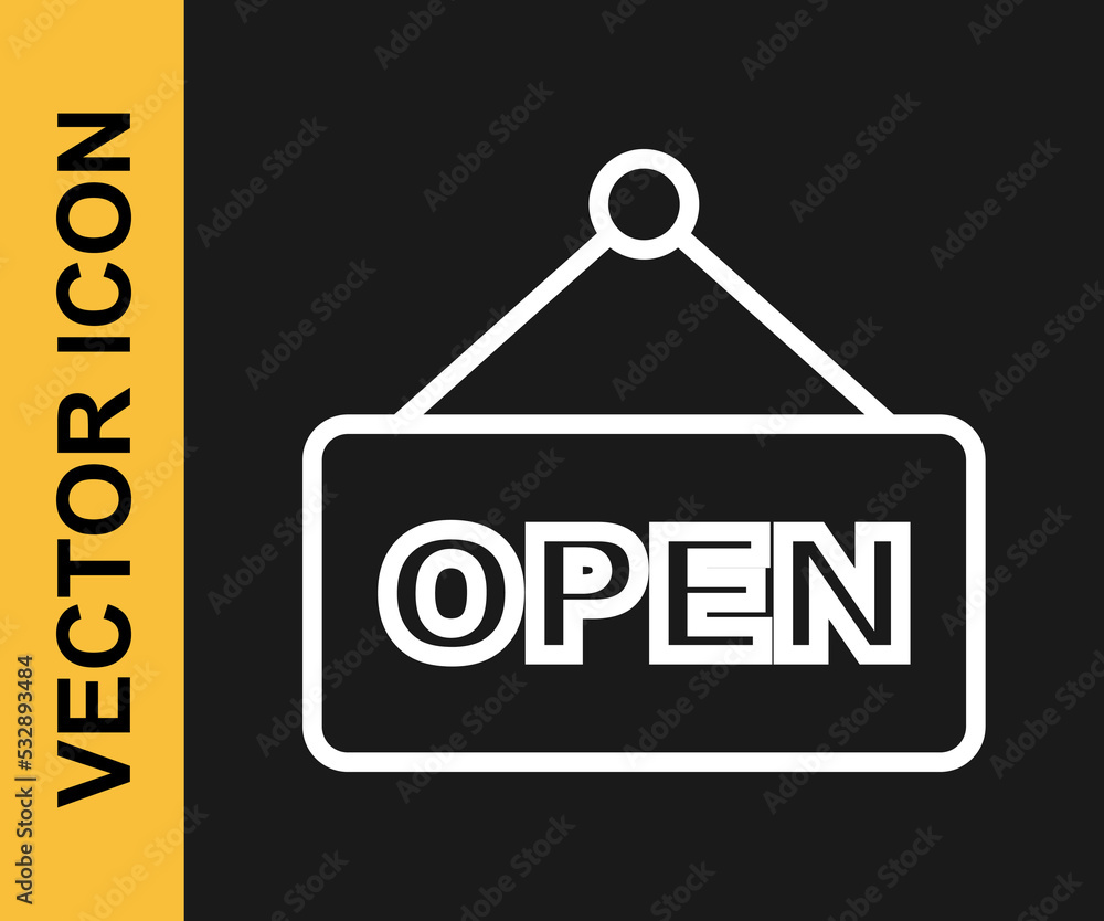 White line Hanging sign with text Open door icon isolated on black background. Vector White line Hanging sign with text Open door icon isolated on black background. Vector