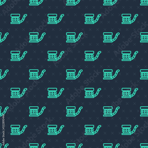 Green line Marine bollard with rope tied on pier icon isolated seamless pattern on blue background. Vector