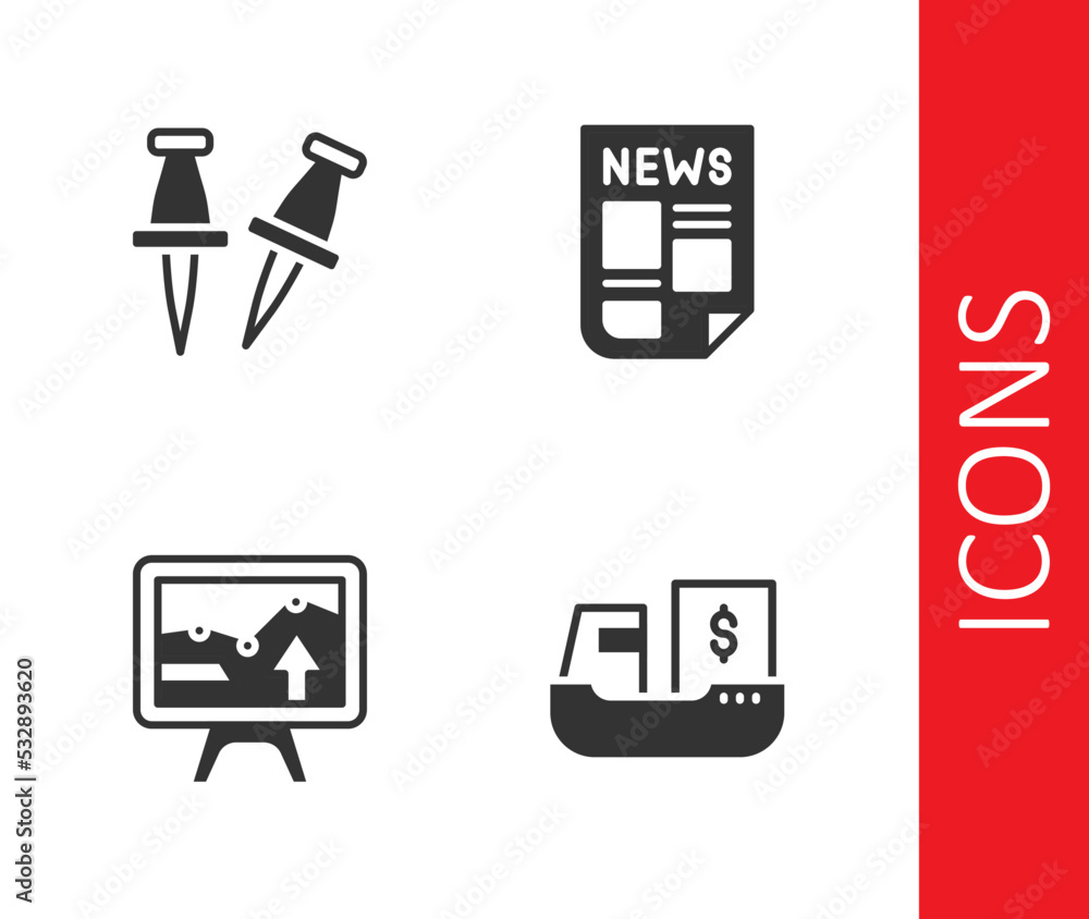 Set Cargo ship with boxes delivery, Push pin, Monitor graph chart and News icon. Vector Set Cargo ship with boxes delivery, Push pin, Monitor graph chart and News icon. Vector