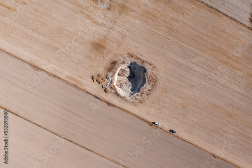Aerial view of a sinkhole in a farming area at Konya, Turkey