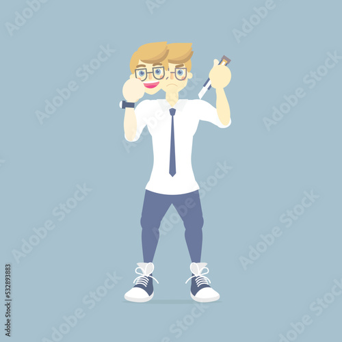 angry, jealous man hiding, holding under smiling mask, depression and melancholy, poker face, back stab, betrayal concept, vector illustration cartoon flat character design clip art