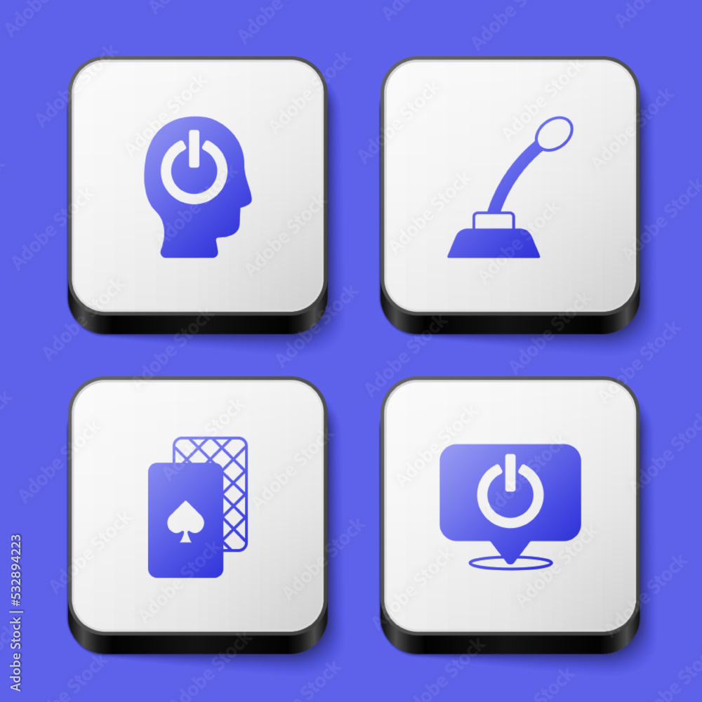 Set Power button, Microphone, Playing cards and icon. White square button. Vector Set Power button, Microphone, Playing cards and icon. White square button. Vector