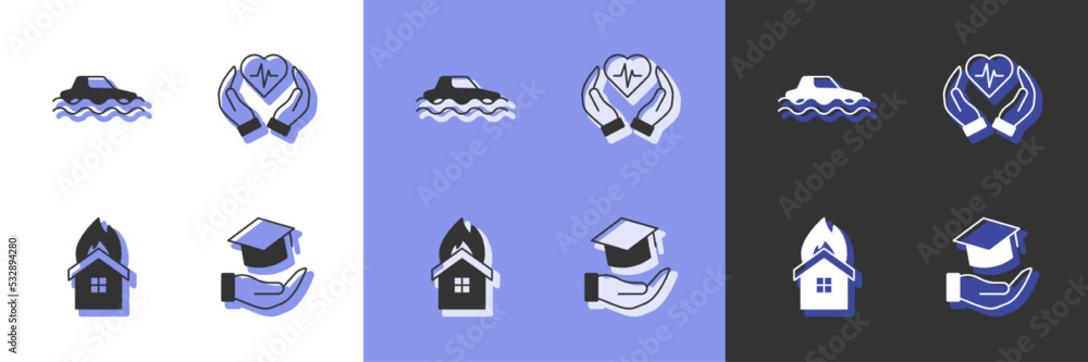 Set Education grant, Flood car, Fire in burning house and Life insurance icon. Vector