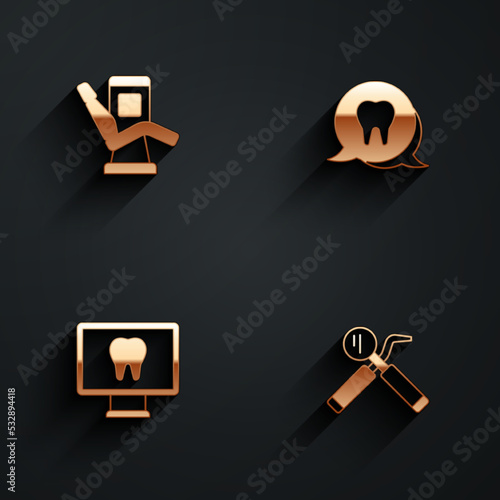 Set Medical dental chair, Tooth, Online care and Dental mirror and probe icon with long shadow. Vector