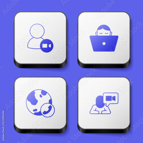 Set Video chat conference, Freelancer, and icon. White square button. Vector