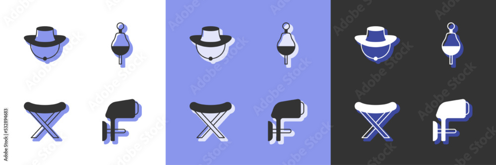 Set Outboard boat motor, Fisherman hat, Camping folding chair and Fishing float icon. Vector Set Outboard boat motor, Fisherman hat, Camping folding chair and Fishing float icon. Vector
