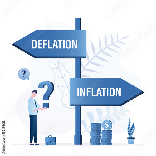 Inflation and deflation signs with confused businessman. Politician or financial officer does not know how speed up economy. Street sign with arrows pointing two opposite directions towards.