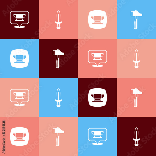 Set pop art Blacksmith anvil tool, Medieval sword, and Hammer icon. Vector