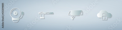 Set Ringing alarm bell, Parking car barrier, Security camera and Cloud computing lock. Paper art style. Vector