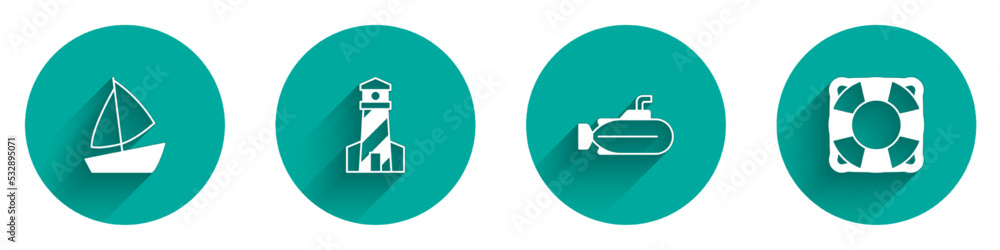 Set Yacht sailboat, Lighthouse, Submarine and Lifebuoy icon with long shadow. Vector Set Yacht sailboat, Lighthouse, Submarine and Lifebuoy icon with long shadow. Vector