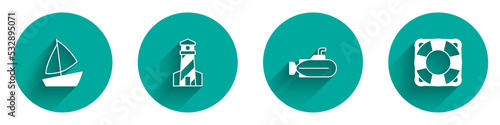 Set Yacht sailboat, Lighthouse, Submarine and Lifebuoy icon with long shadow. Vector
