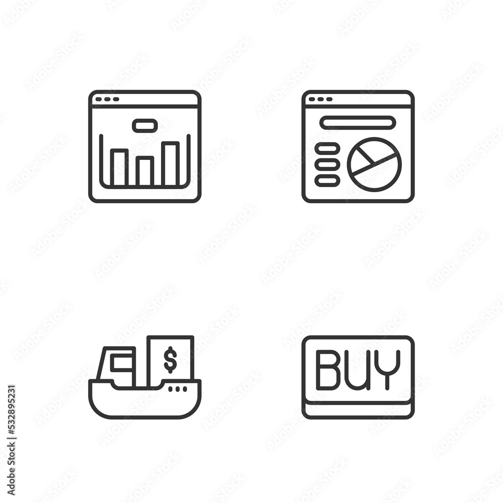 Set line Buy button, Cargo ship with boxes delivery, Browser stocks market and Pie chart infographic icon. Vector Set line Buy button, Cargo ship with boxes delivery, Browser stocks market and Pie chart infographic icon. Vector