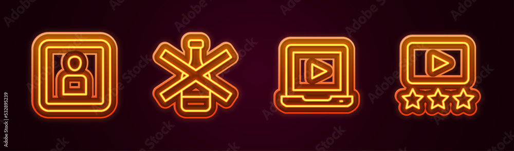 Set line Play Video, No alcohol, Online play video and Rating movie. Glowing neon icon. Vector Set line Play Video, No alcohol, Online play video and Rating movie. Glowing neon icon. Vector