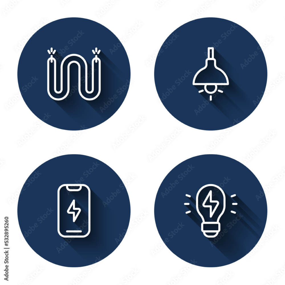 Set line Electric cable, Lamp hanging, Mobile phone and Creative lamp light idea with long shadow. Blue circle button. Vector Set line Electric cable, Lamp hanging, Mobile phone and Creative lamp light idea with long shadow. Blue circle button. Vector