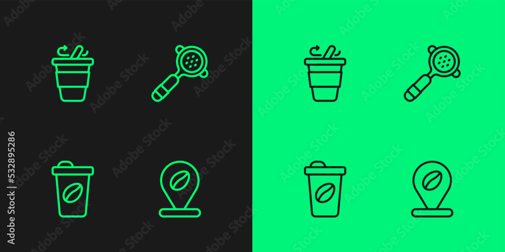 Set line Location with coffee bean, Coffee cup to go, and filter holder icon. Vector Set line Location with coffee bean, Coffee cup to go, and filter holder icon. Vector