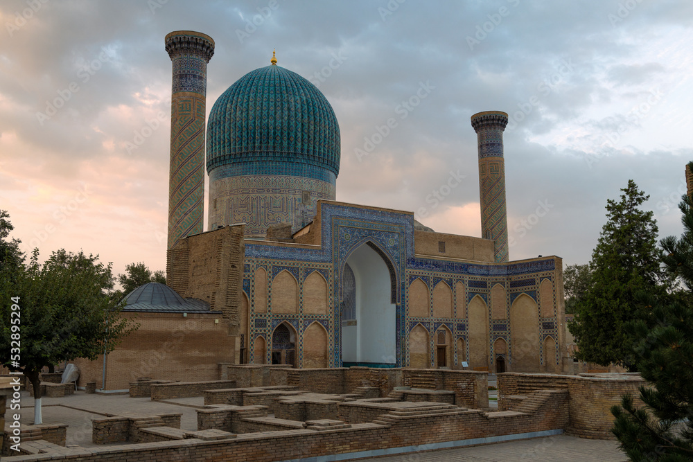 Gur-Emir Mausoleum (Mausoleum of Tamerlane) in cloudy early morning. Samarkand, Uzbekistan