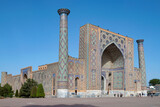 Medieval Ulugbek madrasah on Registan square on a sunny day. Samarkand, Uzbekistan