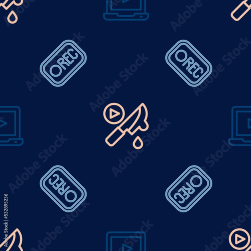 Set line Online play video, Record button and Thriller movie on seamless pattern. Vector
